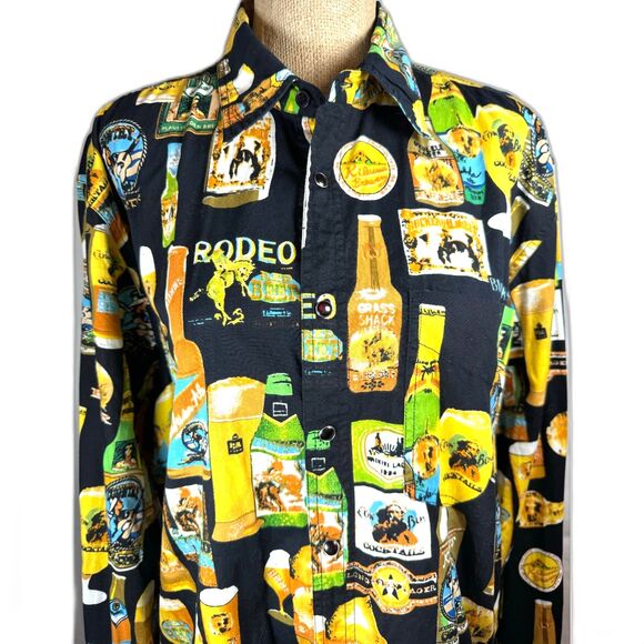 MARTINI RANCH Western Beer Rodeo Vintage Hawaiian Snap Button Up Long Sleeve LG - Picture 1 of 7